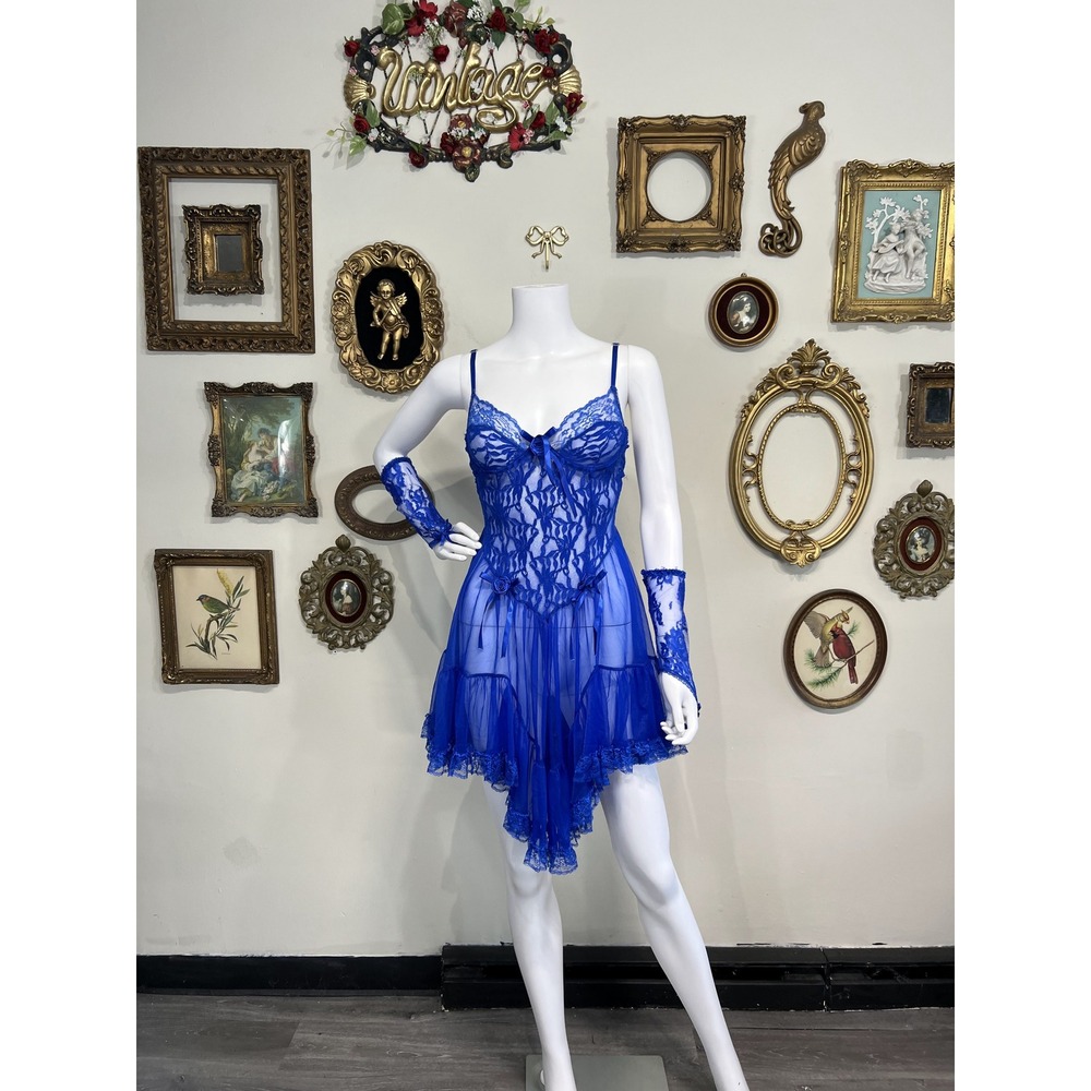 vintage ruffle S.G. for Escante Royal Blue Sheer Mesh Lace Chemise Set Medium